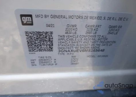 2021 Chevrolet Equinox Awd Lt z USA, uszkodzony, nr VIN 3GNAXUEV6MS165648